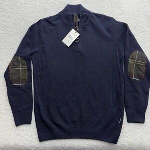 Barbour Holden Half Zip Wool Sweater Navy Tartan Elbow Patches MKN0837NY91 Men M